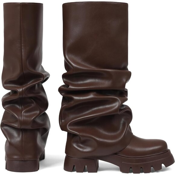 Women's Brown Fold Over Boots Slouchy Boots Wide Calf Pleated Platform Boots - Picture 7 of 7